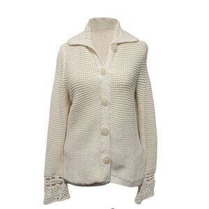 Vtg Claiborne Womens Knit Cardigan Sweater Medium Open Knit Crochet Boho Casual